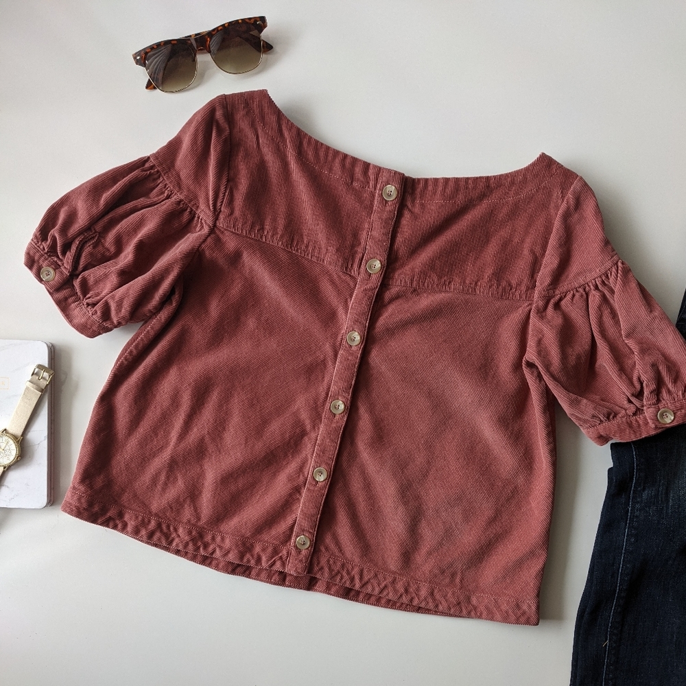 FREE PEOPLE Courdoroy Cotton Crop Top Blouse Shirt Size Small - Picture 5 of 14